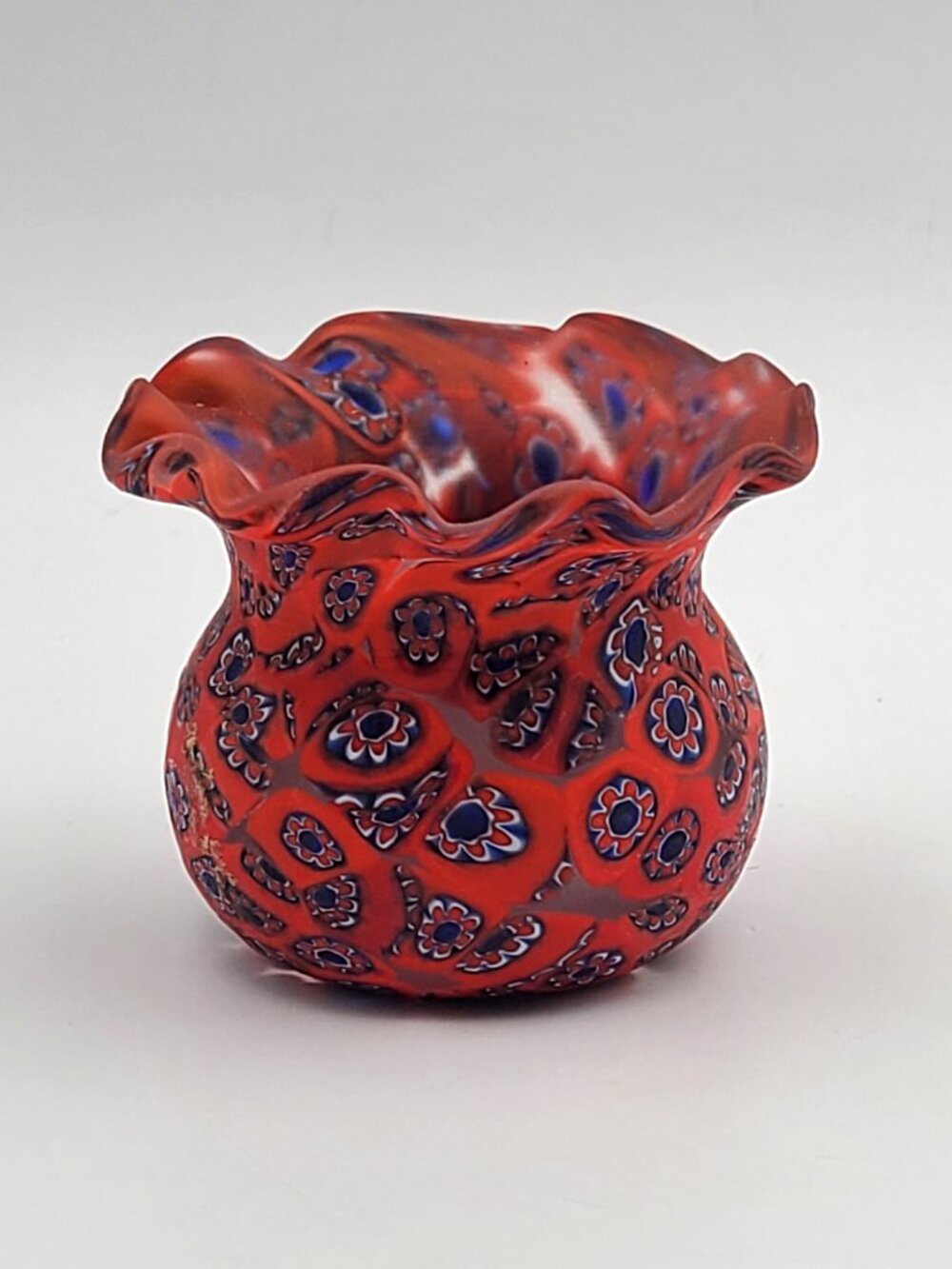 Murano Vintage Fratelli Toso Millefiori Red Ruffled Toothpick Holder